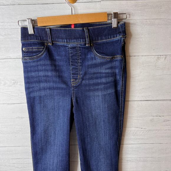 Spanx Jeans Womens Size Small Tall Blue Bootcut Flare Raw Hem Midnight Shade - Picture 5 of 16